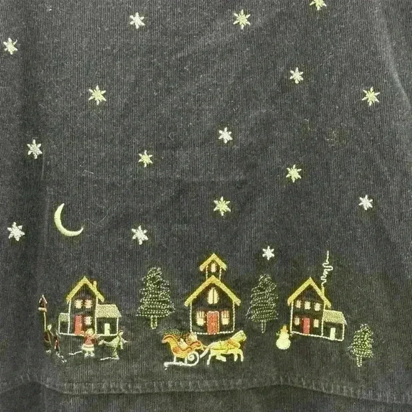 Christopher & Banks Embroidery Medium Blue Corduroy Christmas Village Jumper - Picture 9 of 12